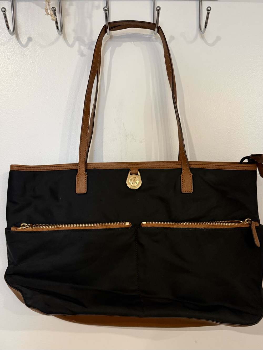 Michael Kors Black and Brown Tote Bag with Front Zip Pockets